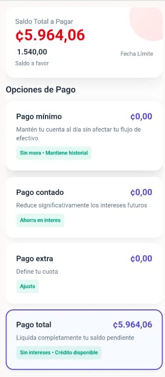 Interfaz de línea de crédito mostrando opciones de pago